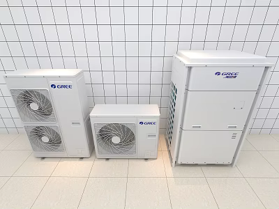 GREE White Air Conditioning Units Display With Three Models In Tile Wall Background 3d model