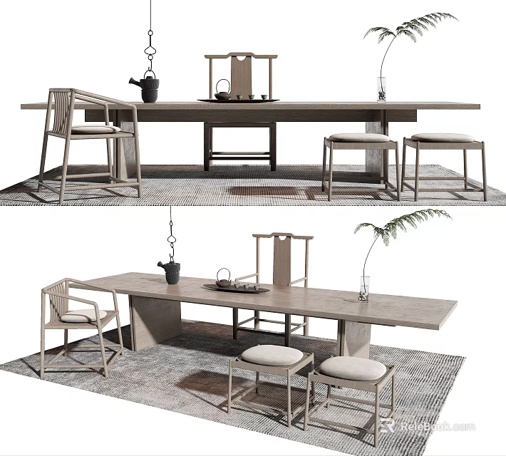 Minimalist Wooden Tea Table And Chairs With Tea Set And Potted Plant 3d model 