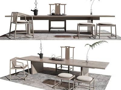 Minimalist Wooden Tea Table And Chairs With Tea Set And Potted Plant 3d model
