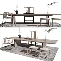 Minimalist Wooden Tea Table And Chairs With Tea Set And Potted Plant