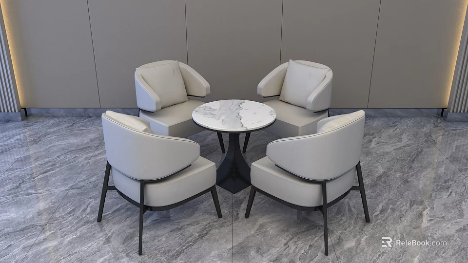 Four Light Gray Armchairs With Black Metal Legs Surround Round Marble Table Against Gray Wall 3d model 