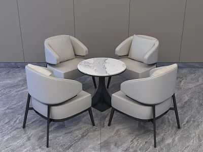 Four Light Gray Armchairs With Black Metal Legs Surround Round Marble Table Against Gray Wall 3d model