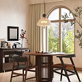 Modern Wooden Table and Chair Set in Dining Area With Hanging Lamp and Large Window