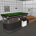 Billiard Table With Green Felt Surface Cues Balls Black Bench And Brown Leather Sofa