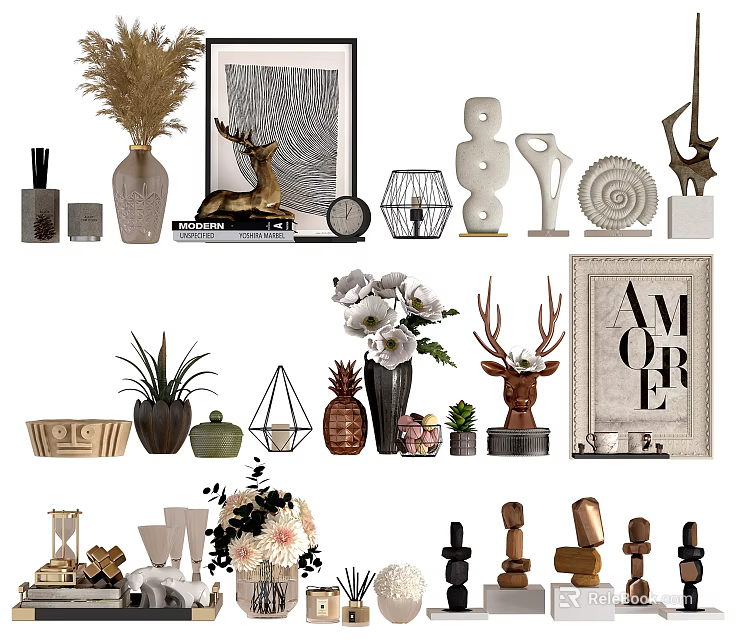 Stylish Decorative Ornament Set With Deer Head Decor Vases Plants Geometric Sculptures And Picture Frames 3d model 
