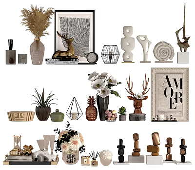 Stylish Decorative Ornament Set With Deer Head Decor Vases Plants Geometric Sculptures And Picture Frames 3d model