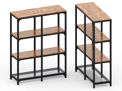 Modern Multi Tier Storage Shelves with Wooden Boards and Black Metal Frames 3d model