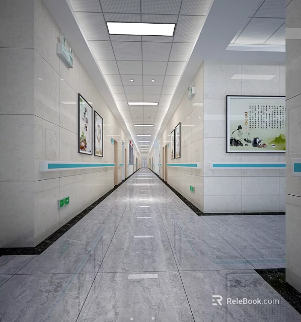 Hospital Elevator Corridor Interior With Tile Walls And Decorative Paintings 3d model