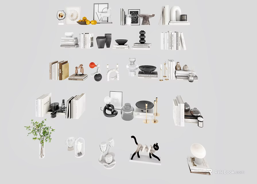 Modern Home Decorative Ornament Set With Books Vase Candle Holders And Figurines 3d model 