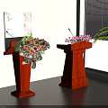 Wooden Podiums With Decorative Flowers Near Window And Wall Painting