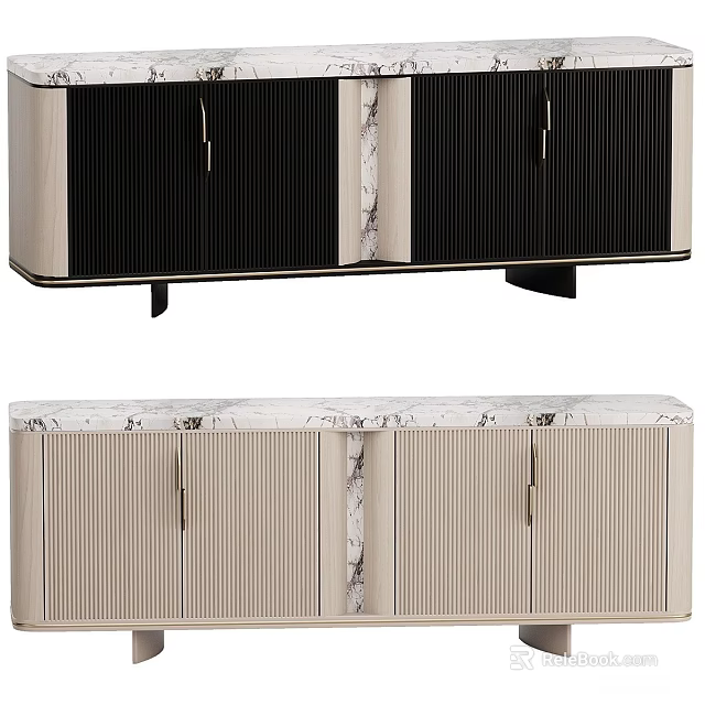 Modern TV Stand With Marble Top Black And Beige Striped Doors And Sleek Design 3d model 
