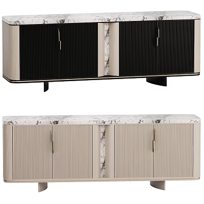 Modern TV Stand With Marble Top Black And Beige Striped Doors And Sleek Design 3d model