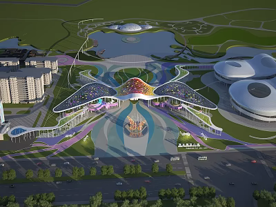 Modern Unique Entrance Gate With Wing Shaped Roof Central Plaza And Green Landscaping 3d model