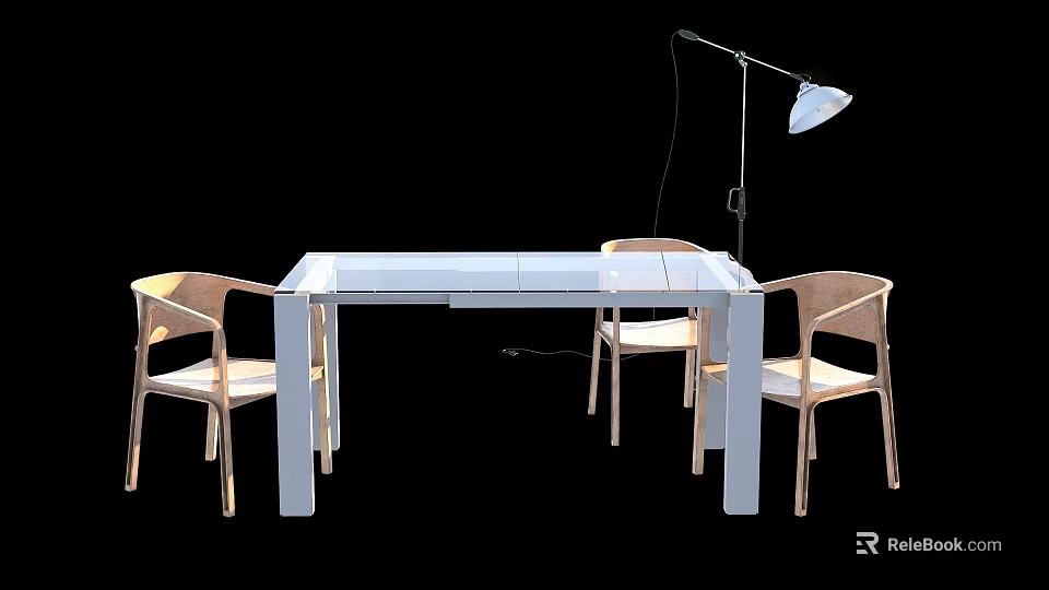 Modern White Dining Table Set with Four Rattan Chairs and Floor Lamp 3d model