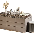 Modern Dressing Table With Glass Top Drawers And Decorative Items With Padded Stool