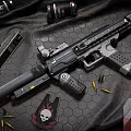 Tactical Weapons And Gear Display With Guns Helmet Backpack And Ammunition