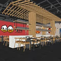 Modern Hotpot Restaurant Interior With Wooden Beams Red Walls And Dining Furniture