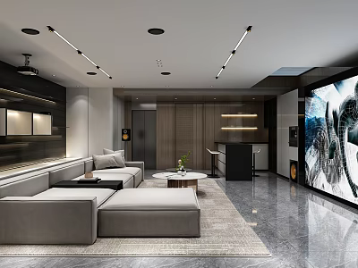 Modern Home Theater Room Interior Design With Large Projection Screen Comfortable Sofa And Ambient Lighting 3d model