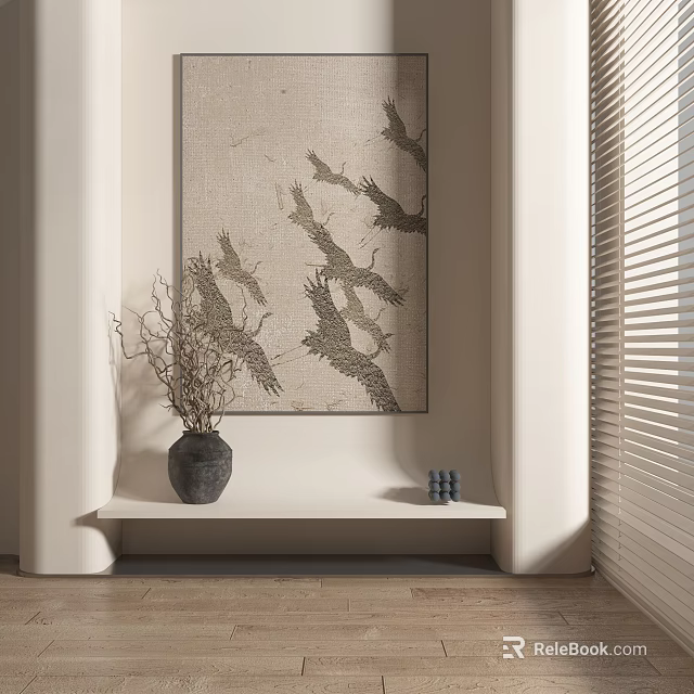 Stylish Interior Corner Decor With Bird Pattern Wall Art Black Vase And White Bench 3d model