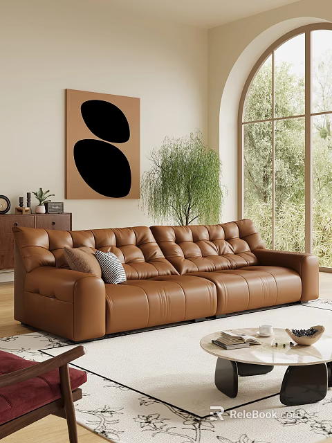Brown Leather Multi Seater Sofa With Tufted Design And Green Plant Near Arched Window 3d model 
