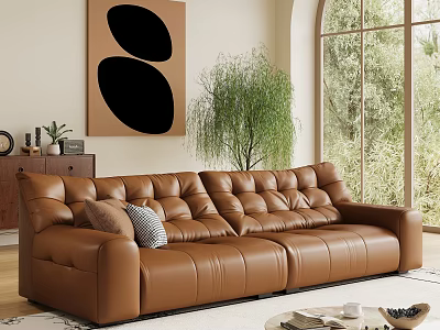 Brown Leather Multi Seater Sofa With Tufted Design And Green Plant Near Arched Window 3d model