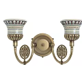 Vintage Brass Wall Sconce With Double Ceramic Shades And Decorative Patterns