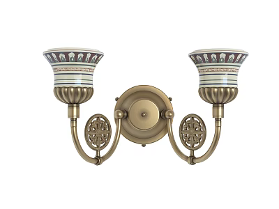 Vintage Brass Wall Sconce With Double Ceramic Shades And Decorative Patterns 3d model