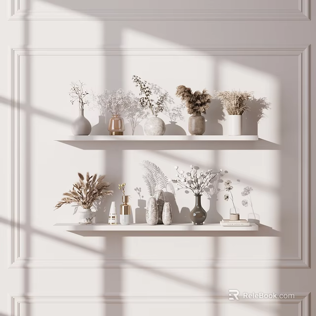 Minimalist Decorative Ornament Set With Dried Flowers Vases And Bottles On White Wall Shelves 3d model 