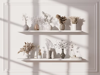 Minimalist Decorative Ornament Set With Dried Flowers Vases And Bottles On White Wall Shelves 3d model