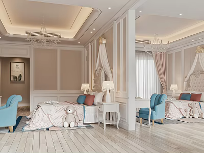 Kids Room Interior With Two Beds Blue Chairs Pink White Curtains Chandelier And Wooden Floor 3d model