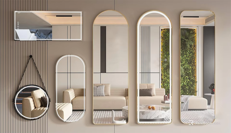 Different Shaped Decorative Mirrors Hanging On Wall For Modern Living Room Decor 3d model 