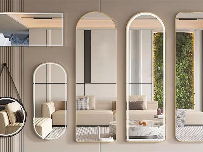 Different Shaped Decorative Mirrors Hanging On Wall For Modern Living Room Decor 3d model