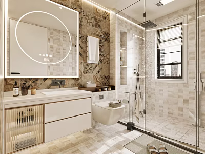 Modern Bathroom Interior Design With Vanity Large Mirror Glass Shower And Mosaic Tiles 3d model