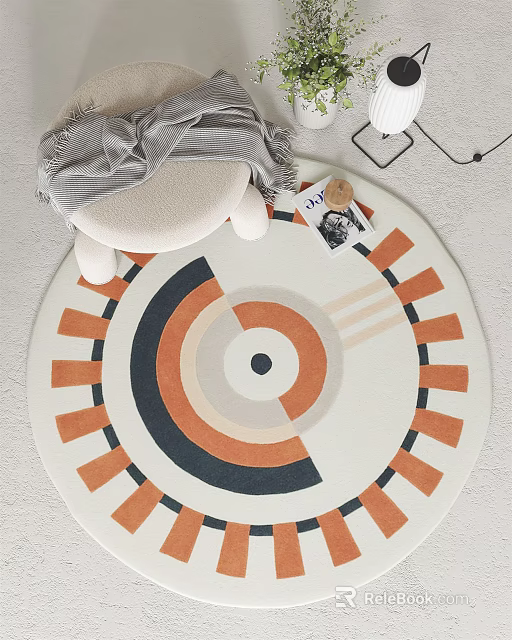 Soft Modern Round Rug With Geometric Pattern In Orange Blue White For Living Room Decor 3d model 