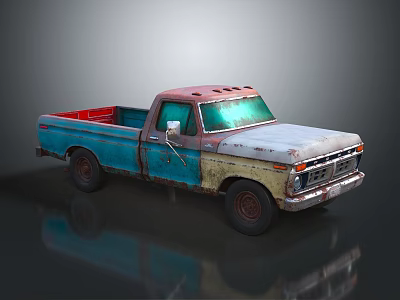 Vintage Rusted Blue And White Pickup Truck With Red Bed 3d model