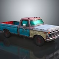 Vintage Rusted Blue And White Pickup Truck With Red Bed