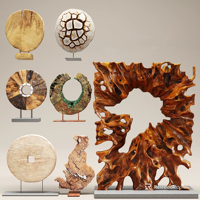 Artistic Wooden Ornament Set With Natural Texture And Hollow Design For Home Decor 3d model 