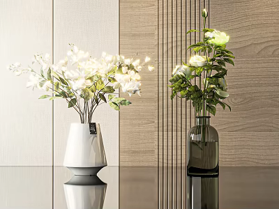 White and Dark Glass Vases With Fresh Flowers Decorating Modern Wooden Tabletop 3d model