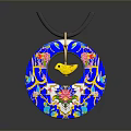 Blue Circular Pendant with Golden Decorations Colorful Flowers and Yellow Bird on Black Cord