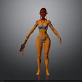 Woman With Orange Skin Red Hair Arm Tattoos Gray Bikini Holding Weapon With Red Decorations