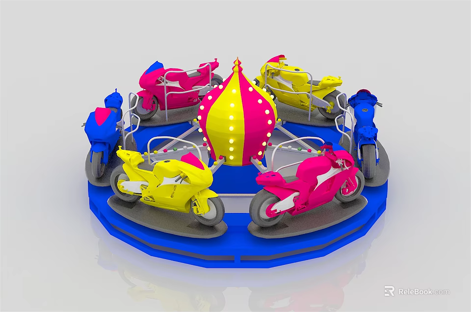 Colorful Motorcycle Themed Carousel Amusement Ride With Rotating Platform And Bright Colored Seats 3d model 