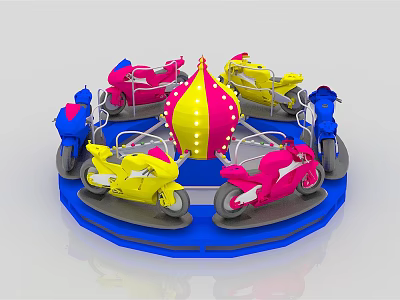 Colorful Motorcycle Themed Carousel Amusement Ride With Rotating Platform And Bright Colored Seats 3d model