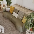 Elegant Modern Sofa Set With Colorful Throw Pillows And Green Potted Plants