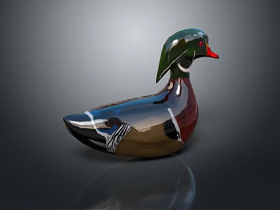 Colorful Decorative Duck Figurine With Green Head Red Beak Shiny Surface And Reflection 3d model