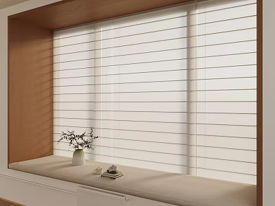 White Window Blinds on Wooden Frame with Cushioned Sill and Potted Plant 3d model