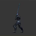 Armored Sci Fi Warrior Character Holding Glowing Blue Sword In Dark Armor