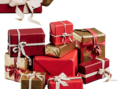 Decorative Ornament Set With Elegantly Wrapped Red And Gold Gift Boxes And Ribbon Bows 3d model