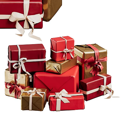 Decorative Ornament Set With Elegantly Wrapped Red And Gold Gift Boxes And Ribbon Bows 3d model