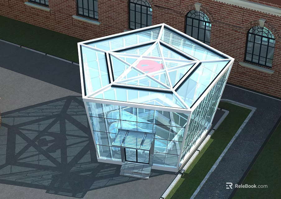 Hexagonal Glass Building With Star Shaped Skylight And Red Brick Background 3d model 