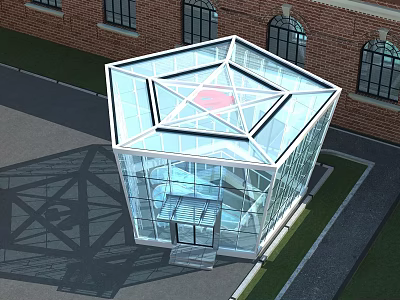 Hexagonal Glass Building With Star Shaped Skylight And Red Brick Background 3d model